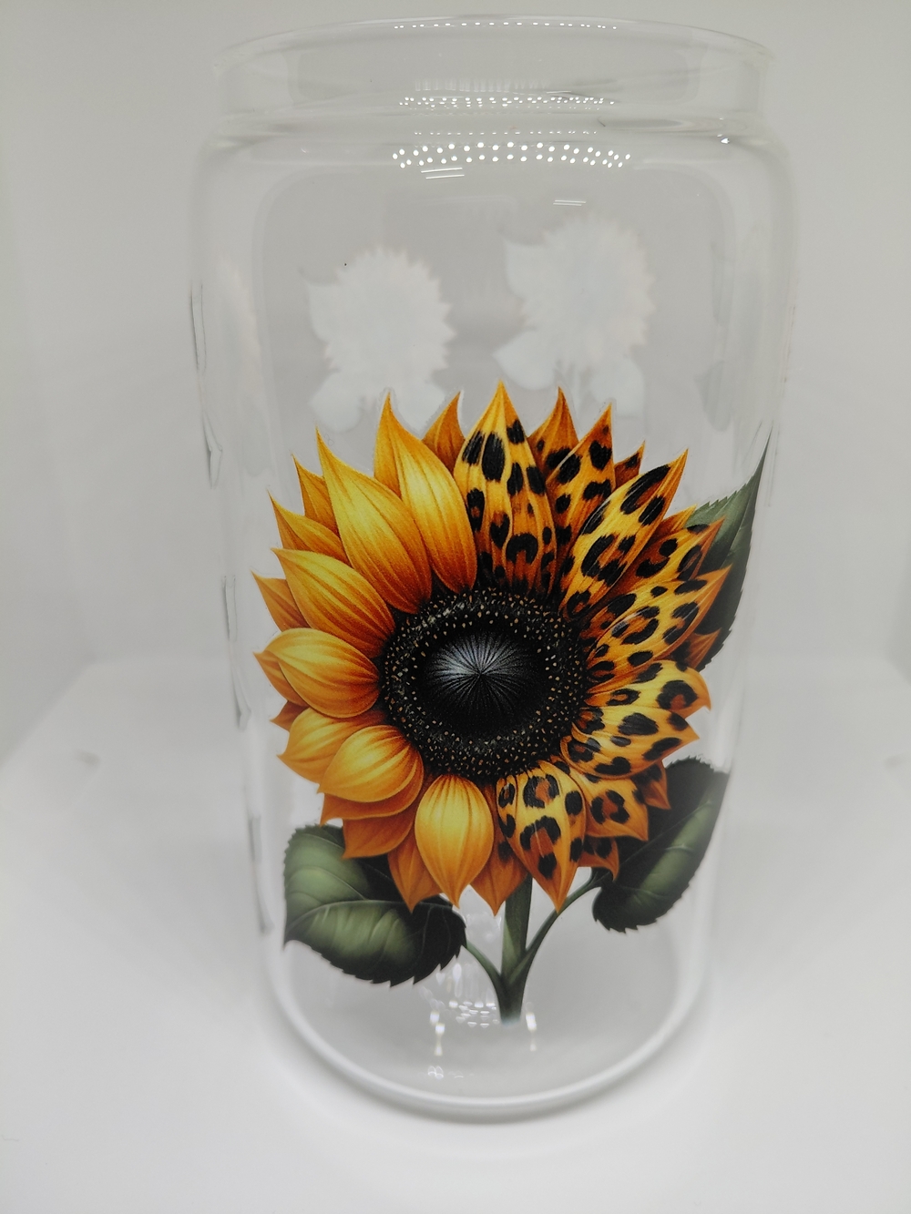 Glass Can Tumbler 16oz UVDTF Sunflowers and Cheetah Print W/ Straw & Acrylic Lid